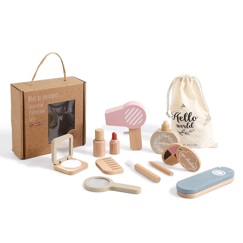 Baby Wooden Pretend Play Makeup Toys Simulation Cosmetics Set Girls Play House Hairdressing Simulation Make Up Preschool Toys
