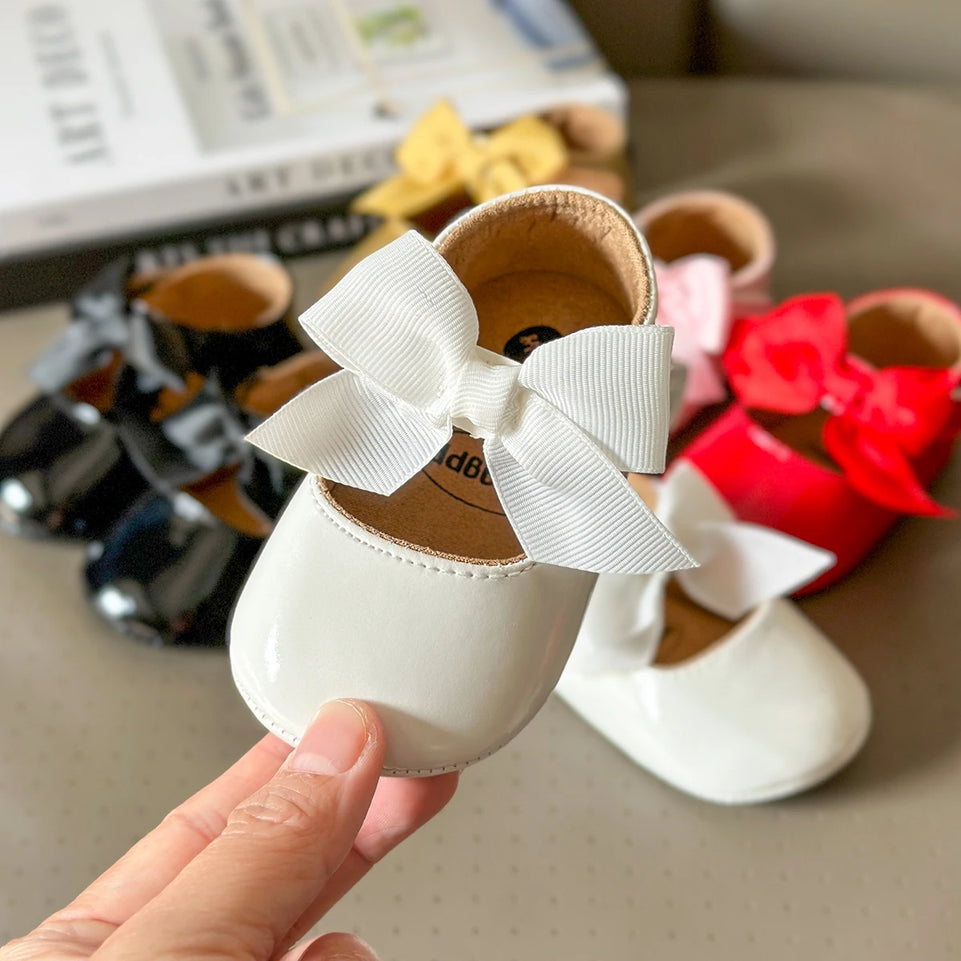 Newborn Baby Shoes Baby Boy Girl Shoes Girl Classic Bowknot Rubber Sole Anti-slip PU Toddler Shoes First Walker