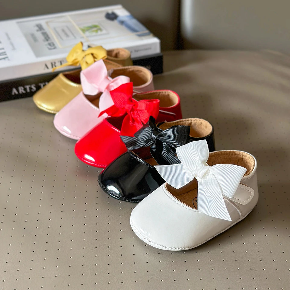 Newborn Baby Shoes Baby Boy Girl Shoes Girl Classic Bowknot Rubber Sole Anti-slip PU Toddler Shoes First Walker